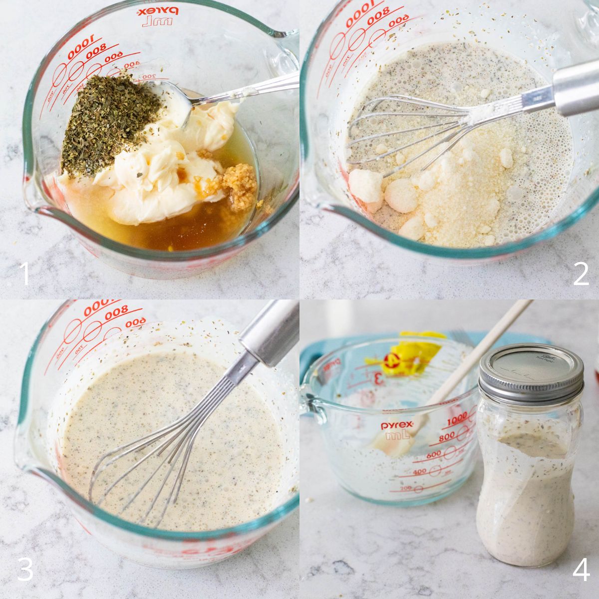 The photo collage shows how to whisk together the dressing.