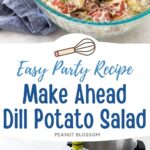 The serving bowl is filled with a creamy dill potato salad made from red potatoes with green onions sprinkled over the top.