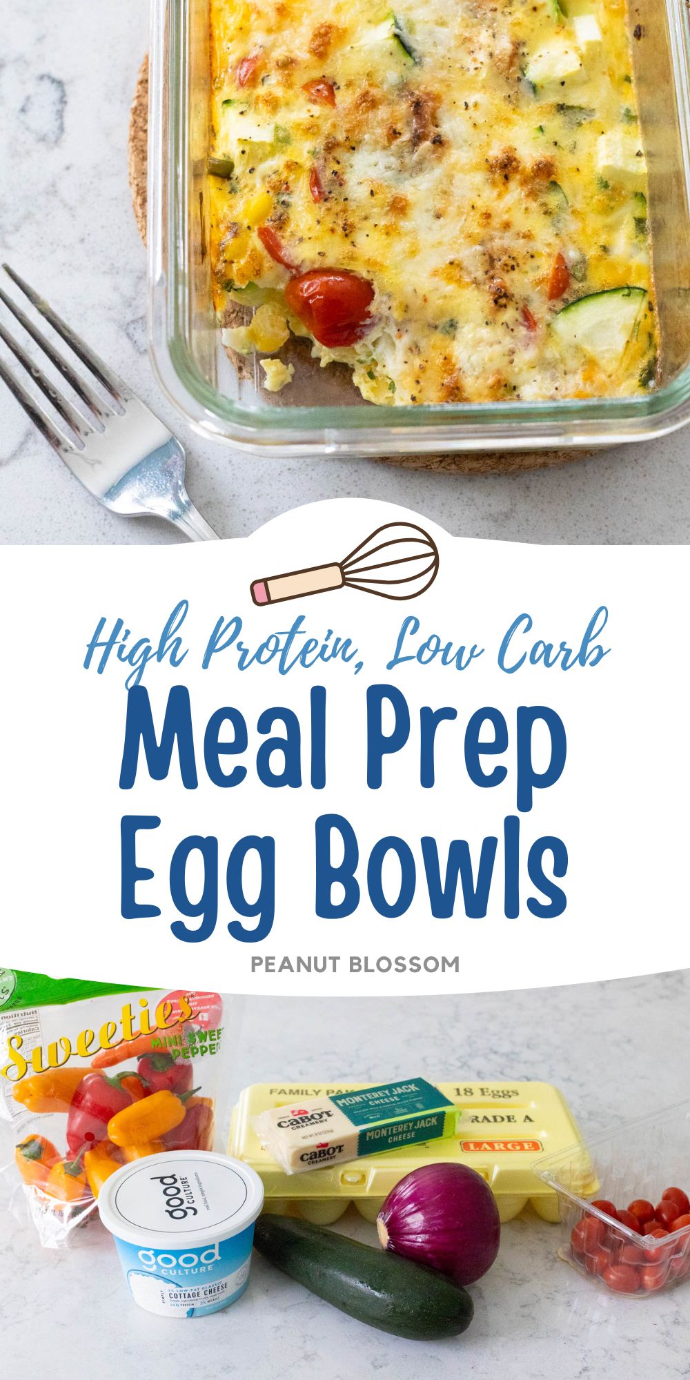 A baked egg and veggie mixture is in an individual serving container.