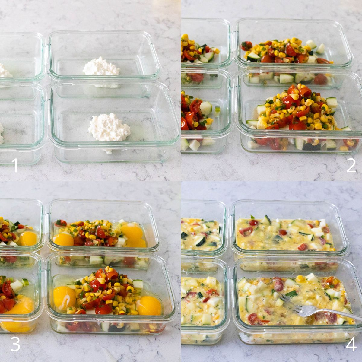 The step by step photos show how to fill the individual meal prep containers with the veggies, cottage cheese, and eggs.