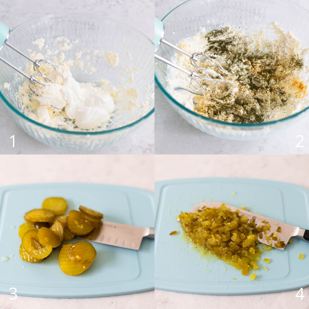 The step by step photos show how to prep the cream cheese base and chop the pickles.