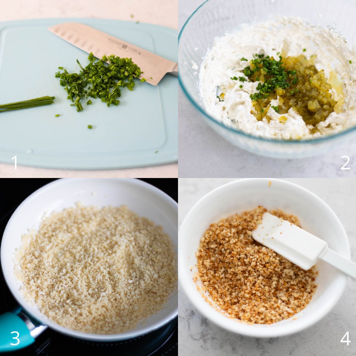 The step by step photos show how to chop the chives and toast the breadcrumbs.