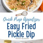 A big bowl of creamy pickle dip has toasted bread crumbs and chopped fresh chives sprinkled over the top. The second photo shows the ingredients needed to make it.
