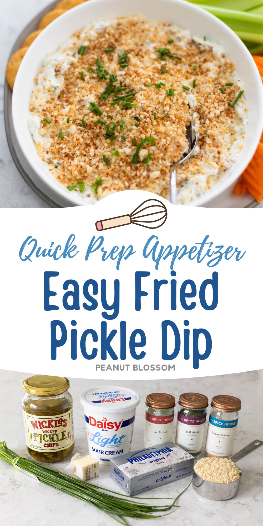 A big bowl of creamy pickle dip has toasted bread crumbs and chopped fresh chives sprinkled over the top. The second photo shows the ingredients needed to make it.