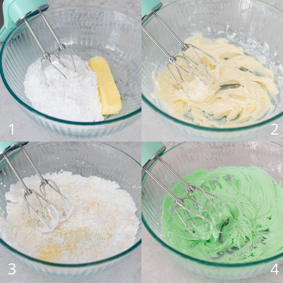 The step by step photos show how to make the green frosting.