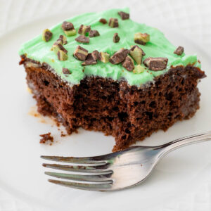 A chocolate cake with green mint frosting and chopped Andes candies on top.