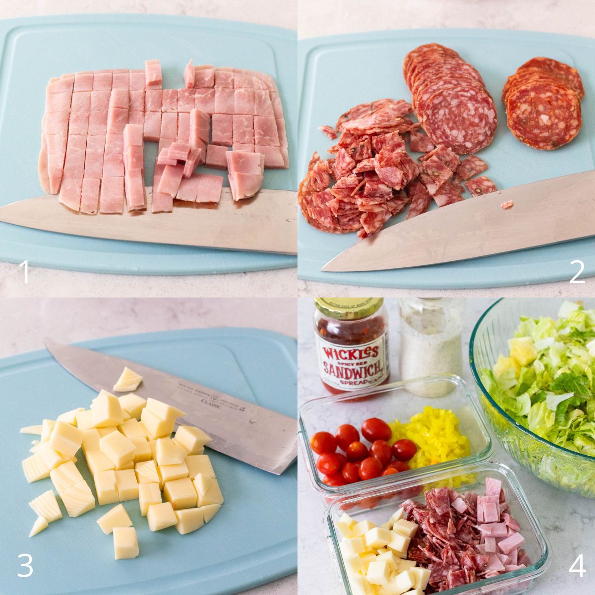The photo collage shows how to dice the toppings.