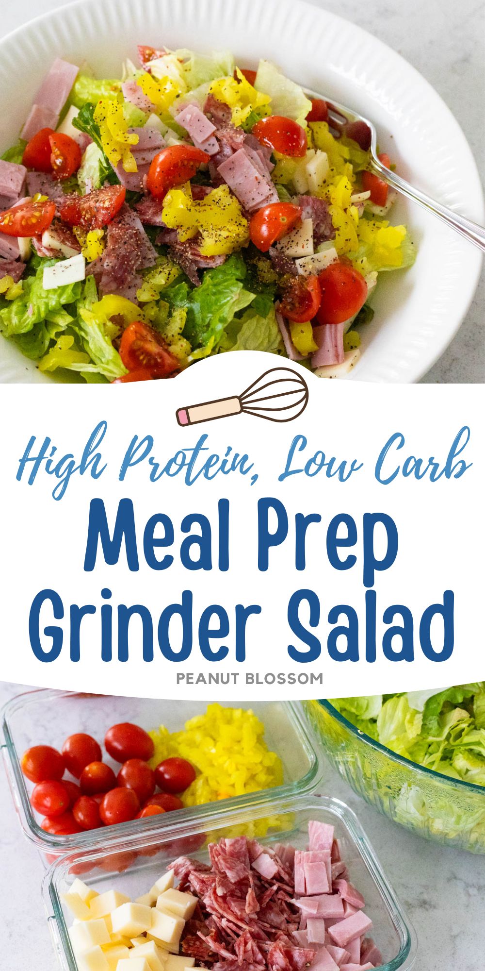 A white bowl is filled with lettuce, tomatoes, and chopped deli meats and cheeses.