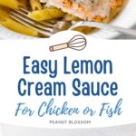 The lemon cream sauce has been spooned over a filet of salmon, there are fresh lemon slices on the side.