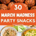 The photo collage shows a photo of lots of basketballs next to easy recipes for snacks to enjoy while watching the March Madness tournament.