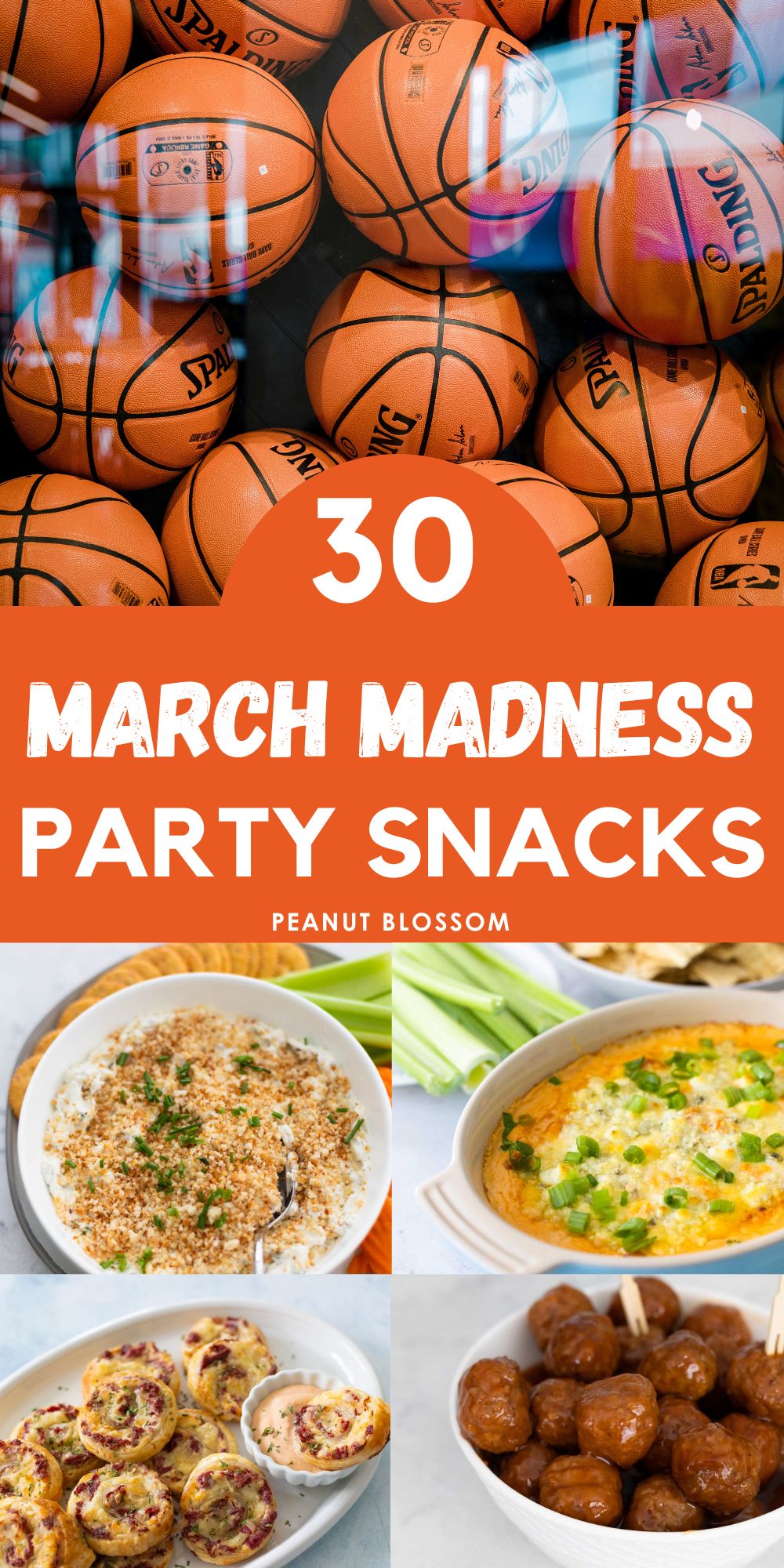 The photo collage shows a photo of lots of basketballs next to easy recipes for snacks to enjoy while watching the March Madness tournament.