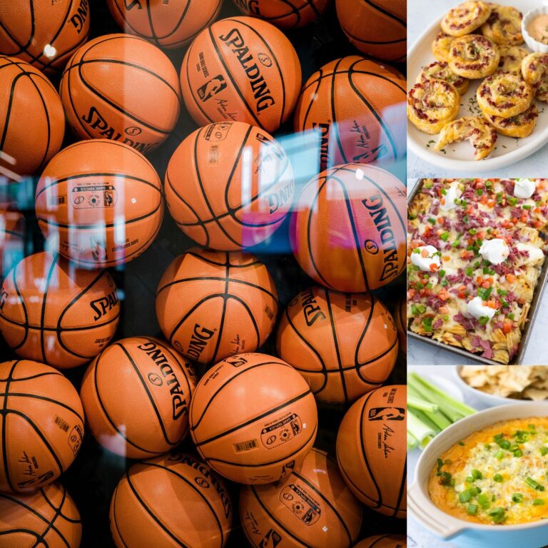 The photo collage shows a photo of lots of basketballs next to easy recipes for snacks to enjoy while watching the March Madness tournament.
