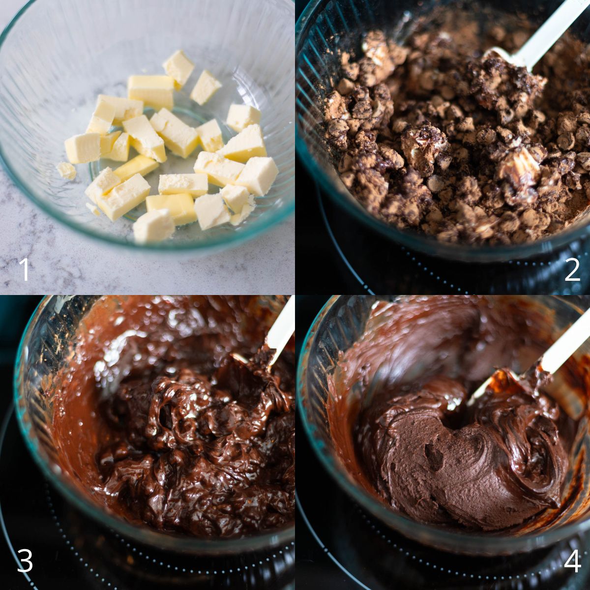The step by step photo collage shows how to melt the butter and chocolate in the microwave.
