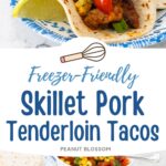 A pork taco with corn salsa on a blue plate, there are lime wedges on the side.