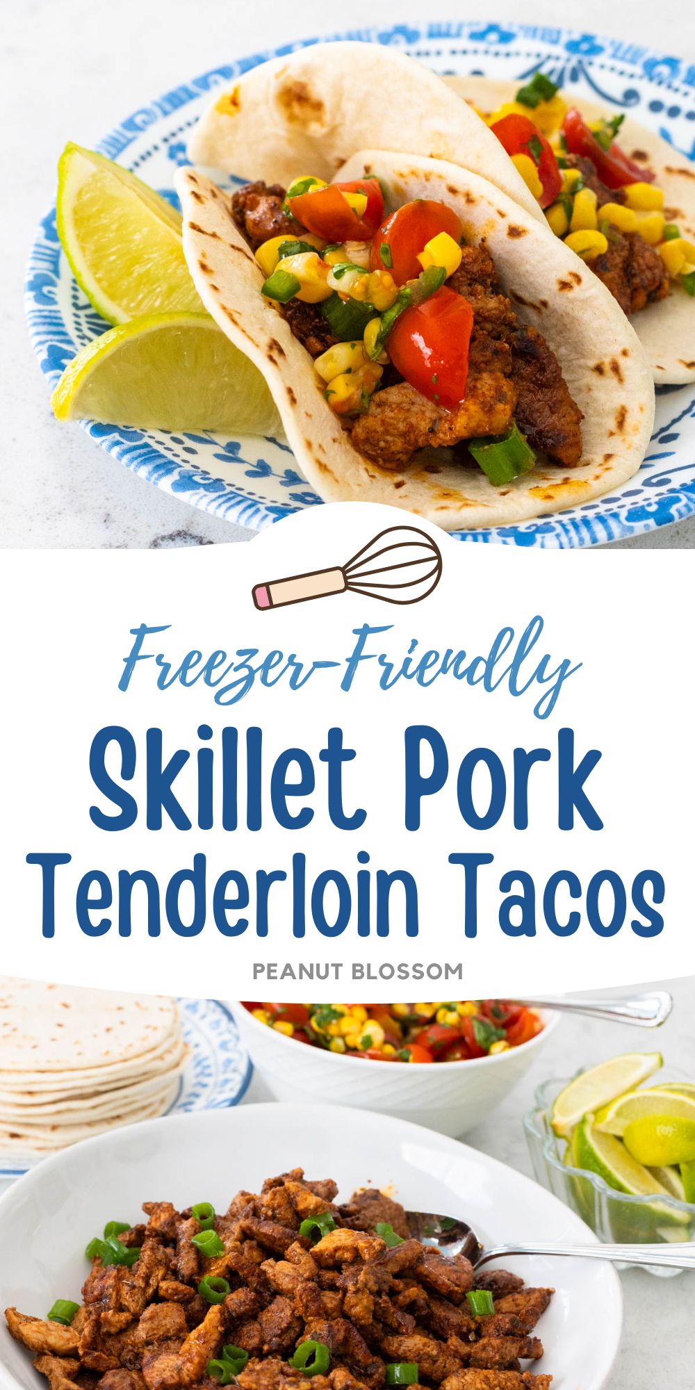 A pork taco with corn salsa on a blue plate, there are lime wedges on the side.