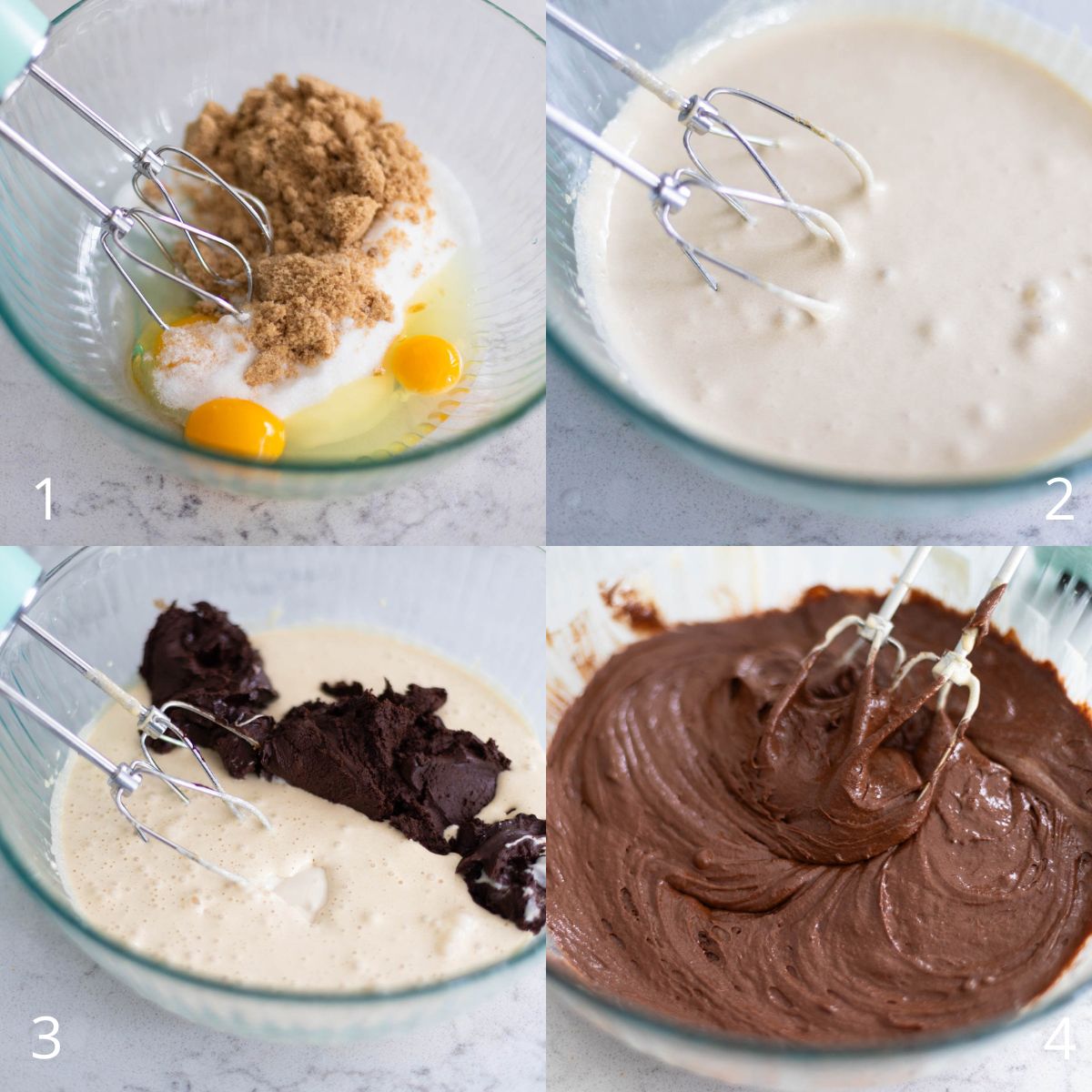 The step by step photo collage shows how to beat the eggs and sugar and then add the sourdough starter and chocolate.