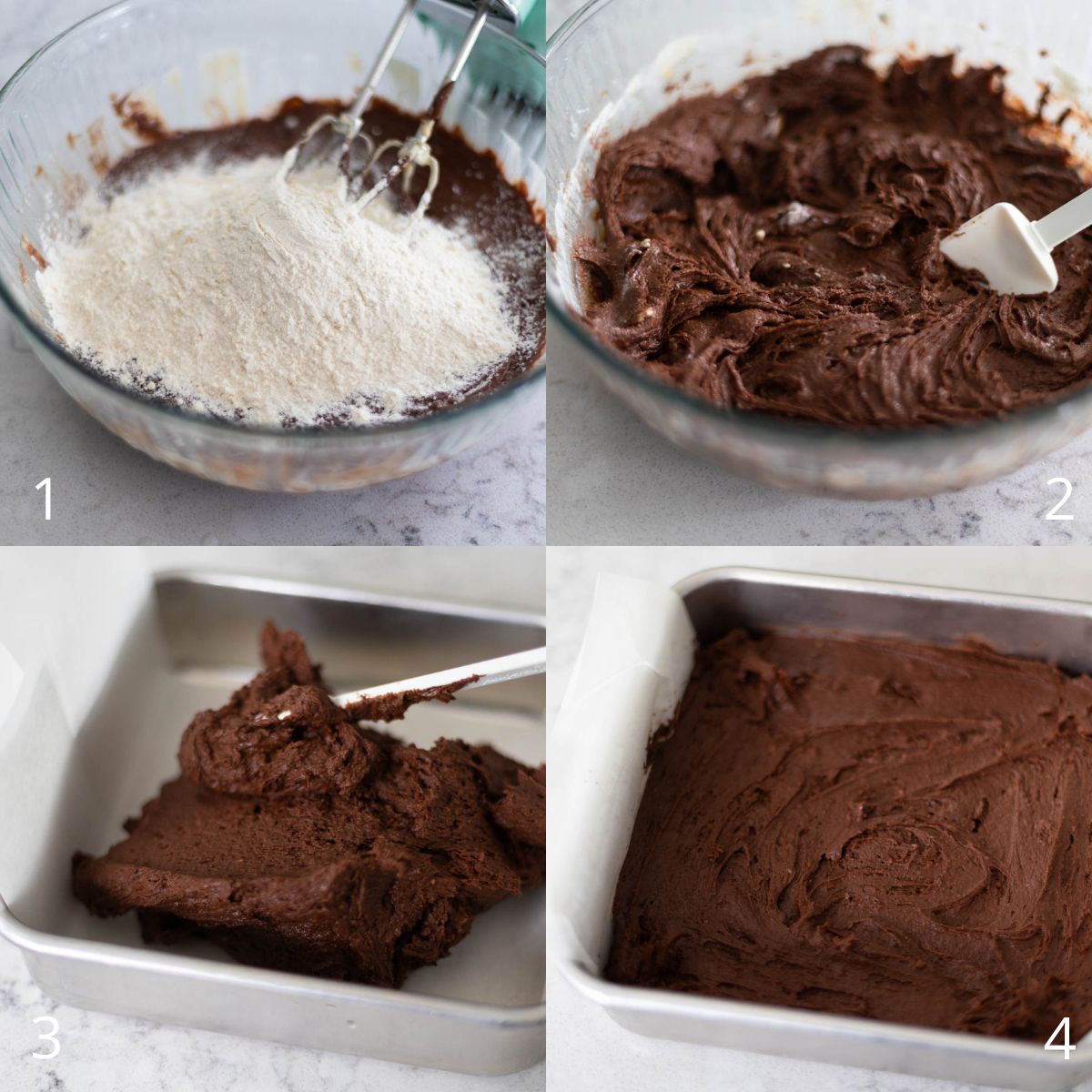 The step by step photo collage shows how to finish up the brownie batter with flour and then spread it into a baking pan lined with parchment paper.