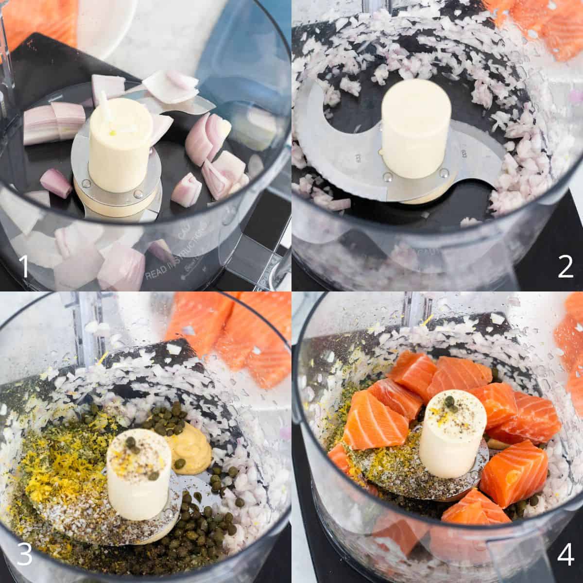 The step by step photo collage shows how to prep the salmon mixture to form the patties.