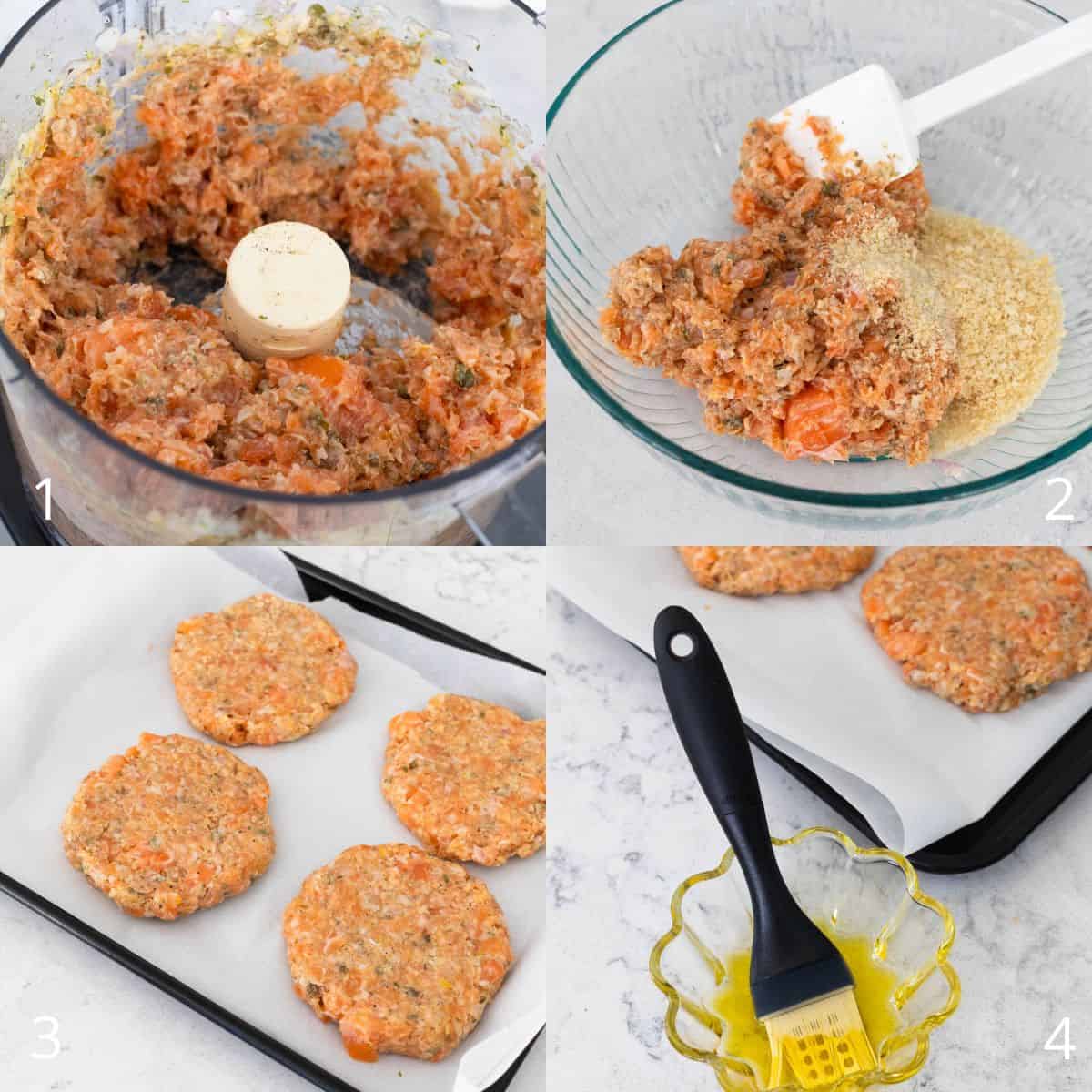 The step by step photos show how to form the salmon patties and brush them with oil.