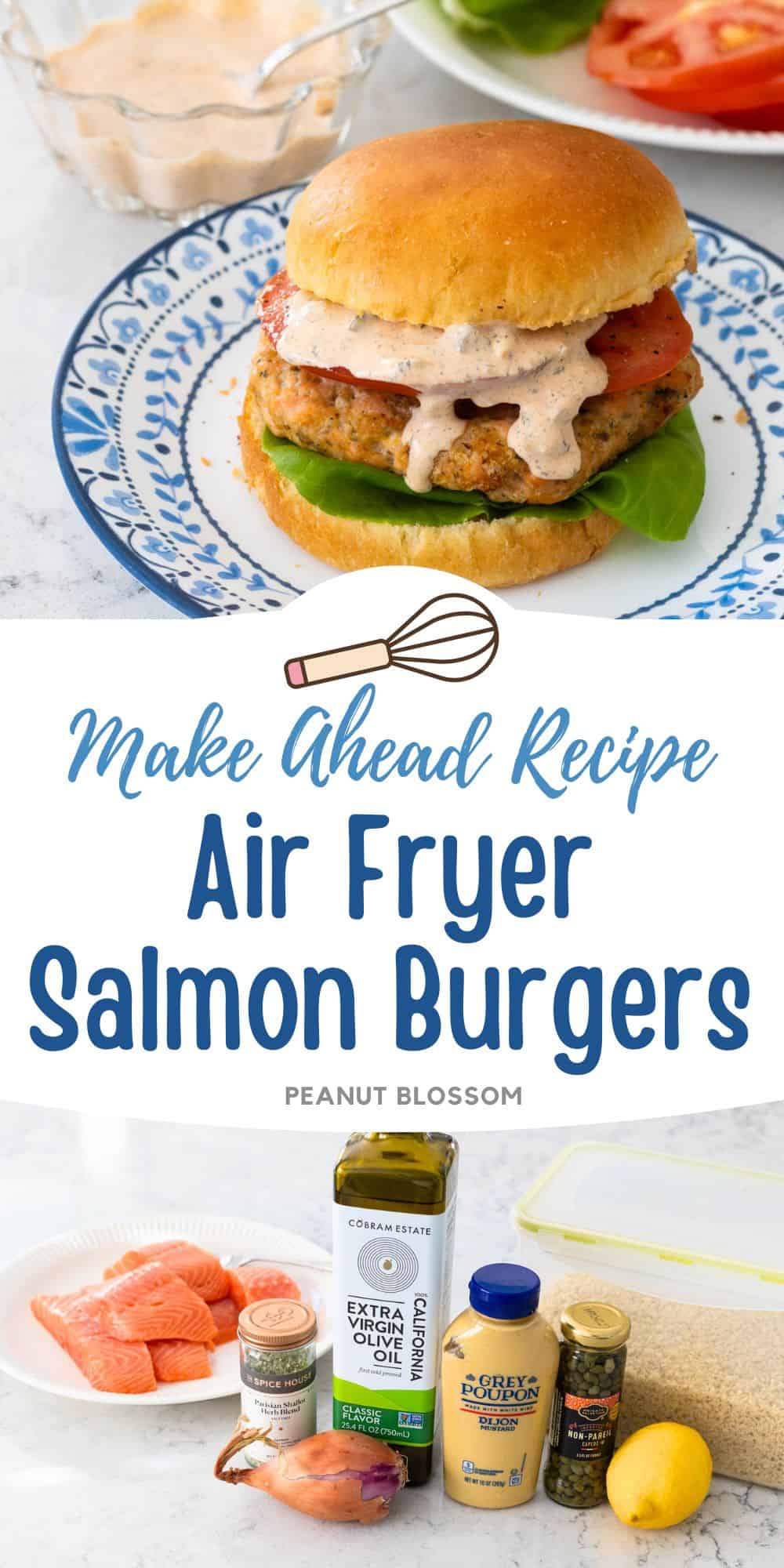 The salmon burger is on a brioche bun with lettuce and tomato. A drizzle of tartar sauce drips down the side.