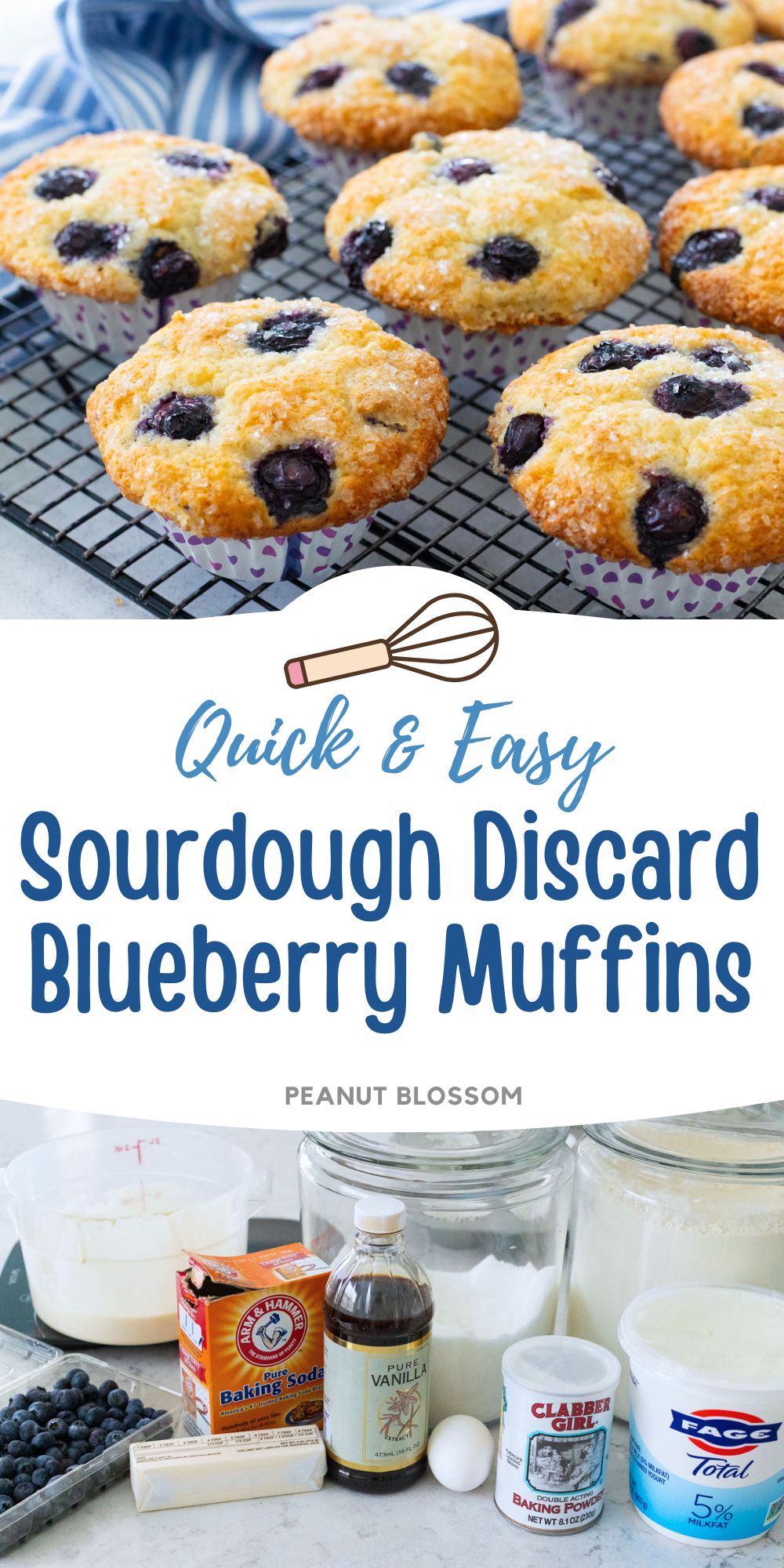A batch of blueberry muffins with a sparkly sugar topping are cooling on a baker's rack next to a blue and white striped towel.