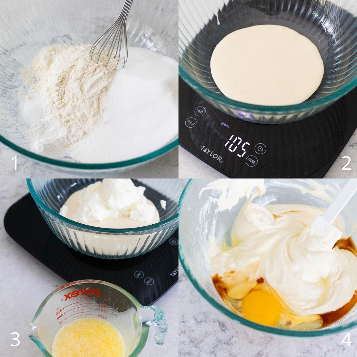 The step by step photo collage shows how to mix together the muffin batter with sourdough discard.