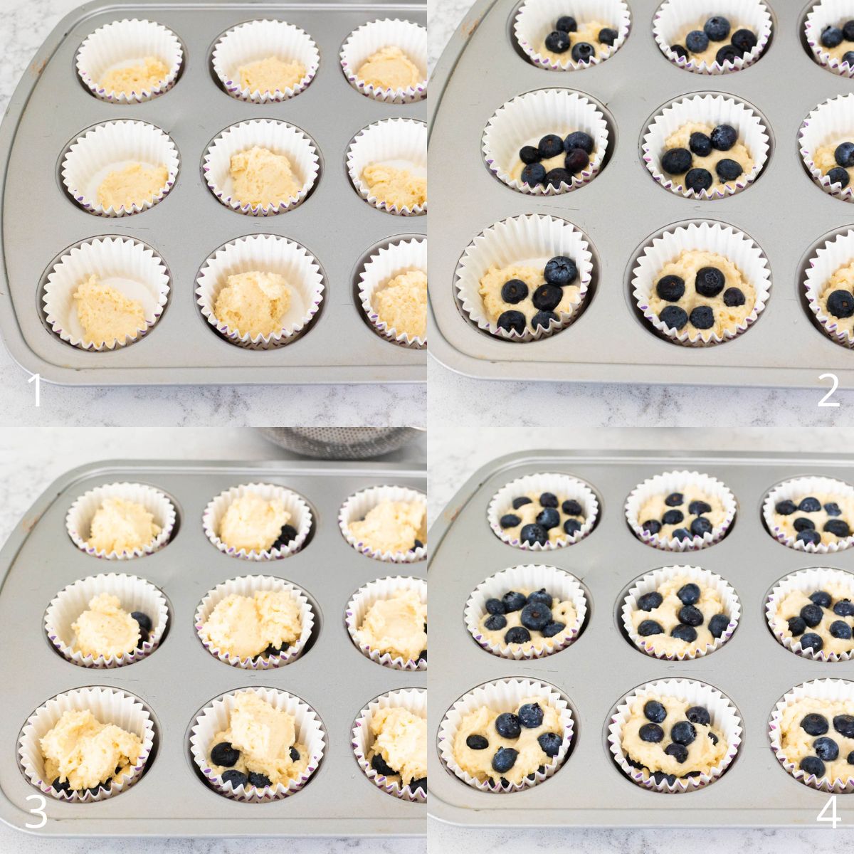 The step by step photo collage shows how to layer the batter and blueberries in a muffin tin to prevent the muffins from turning purple.