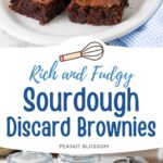 A white platter has rich chocolate brownies piled high. The second photo in the collage shows the ingredients needed to make them.