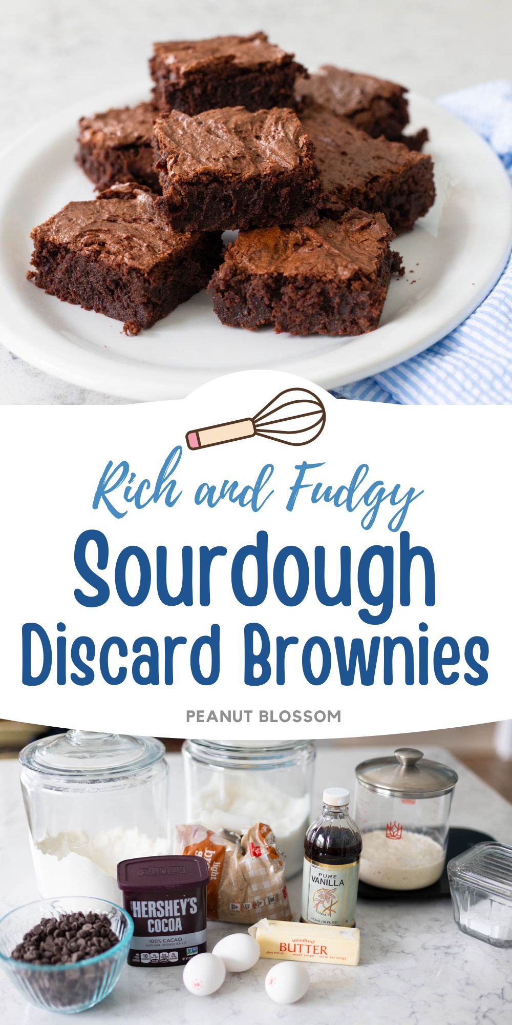 A white platter has rich chocolate brownies piled high. The second photo in the collage shows the ingredients needed to make them.
