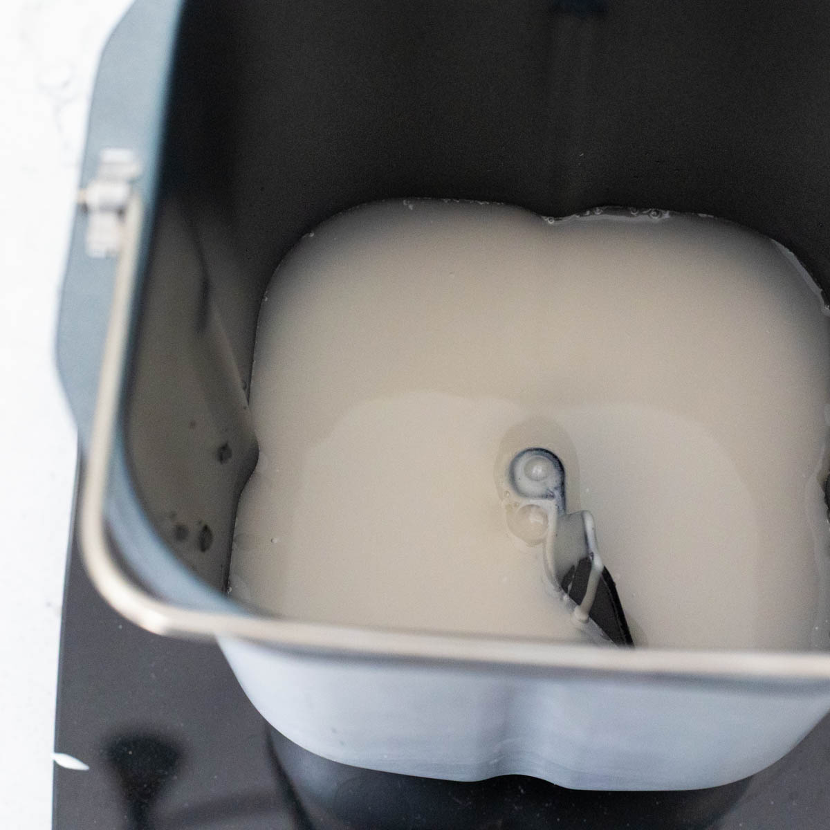 The wet ingredients are in the bread machine pan fitted with the paddle attachment.