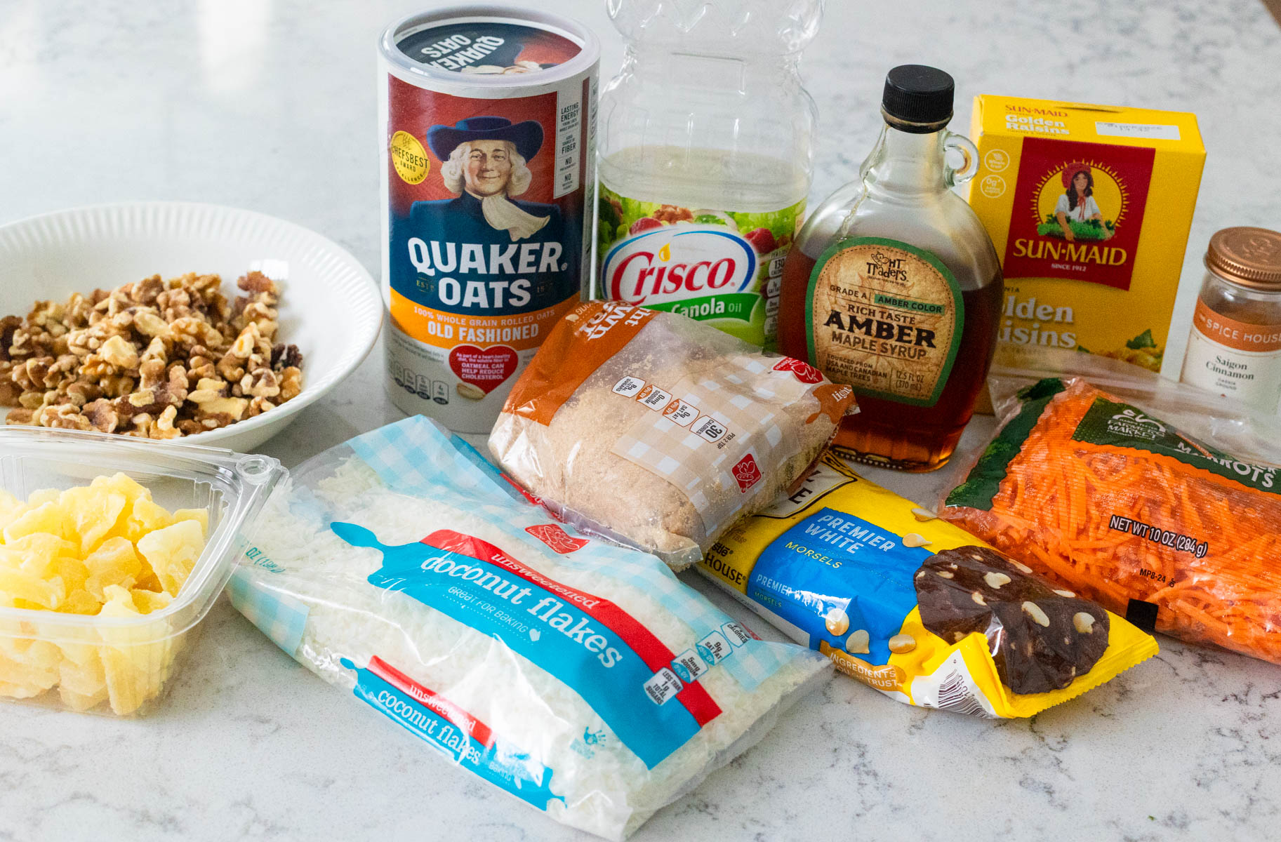 The ingredients to make the homemade granola are on the counter.