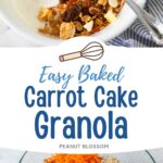 A white bowl with vanilla yogurt has been topped with carrot cake granola.