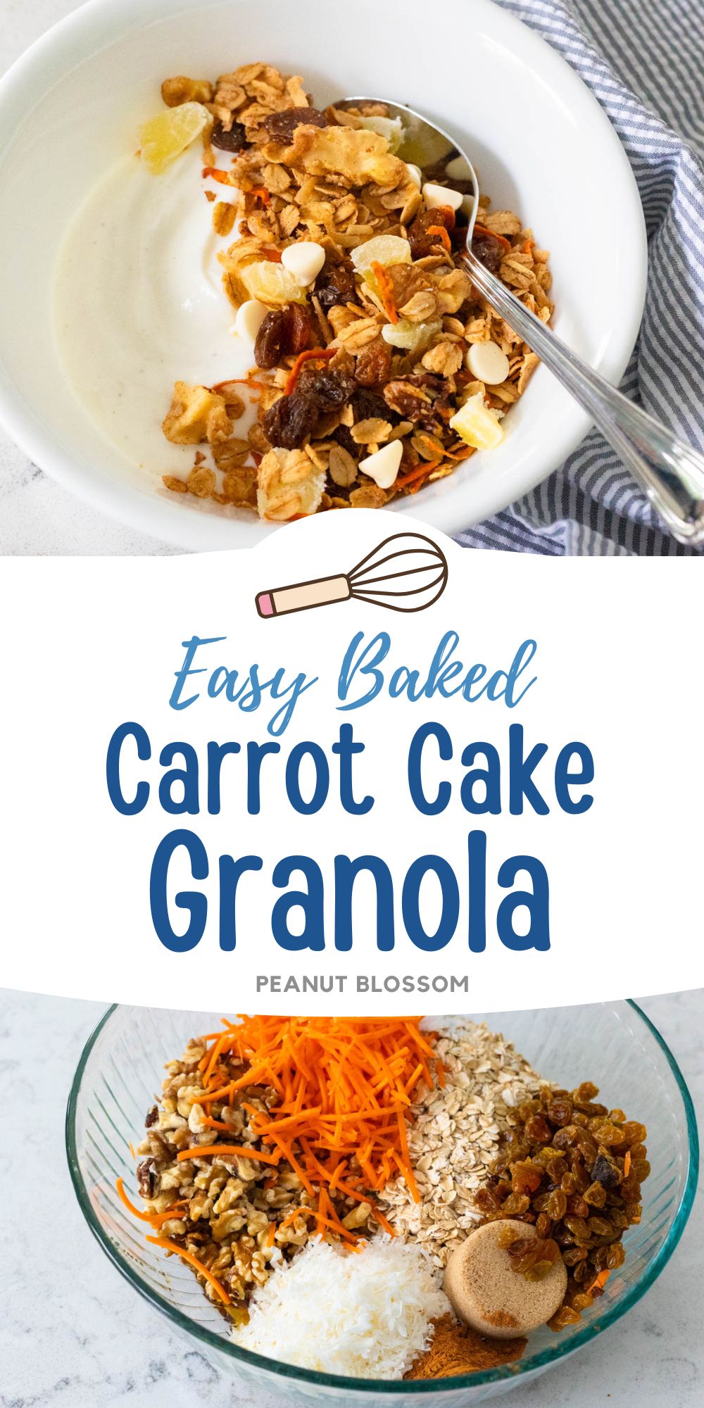 A white bowl with vanilla yogurt has been topped with carrot cake granola.