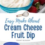 A blue bowl is filled with a 2-ingredient fruit dip on a platter of fresh strawberries.