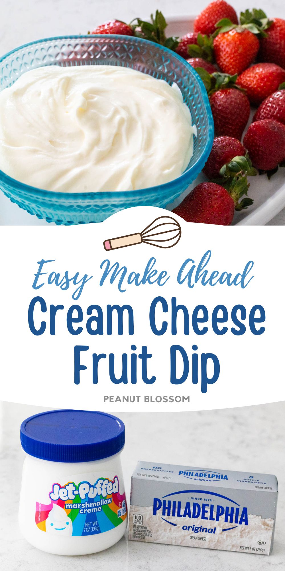 A blue bowl is filled with a 2-ingredient fruit dip on a platter of fresh strawberries.