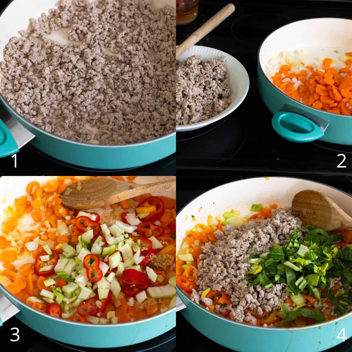 Step by step photo collage shows how to cook the ground pork and saute the veggies.