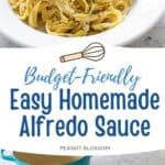 The bowl of fettuccine alfredo is next to a photo of the ingredients needed to make it.
