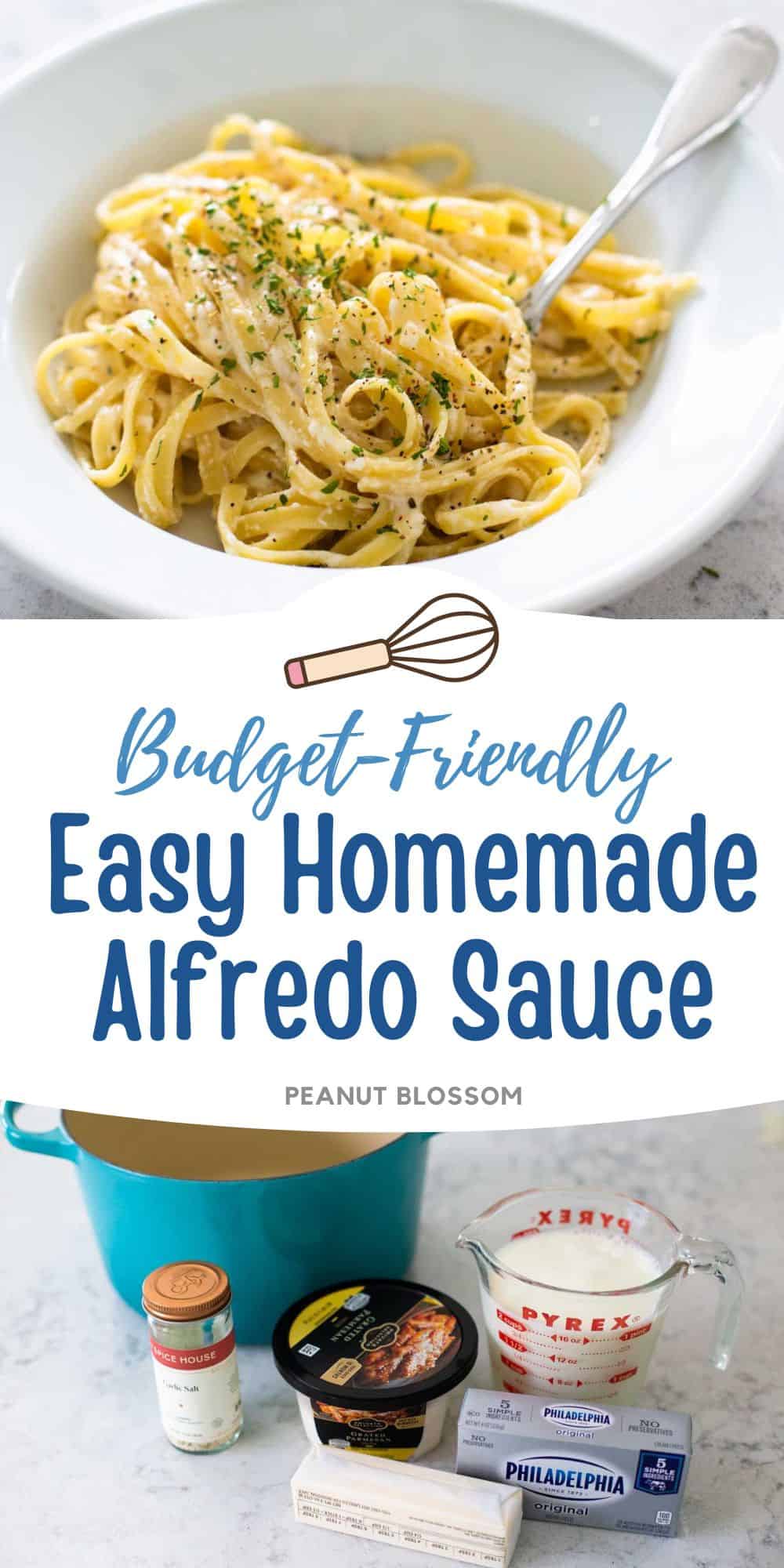 The bowl of fettuccine alfredo is next to a photo of the ingredients needed to make it.