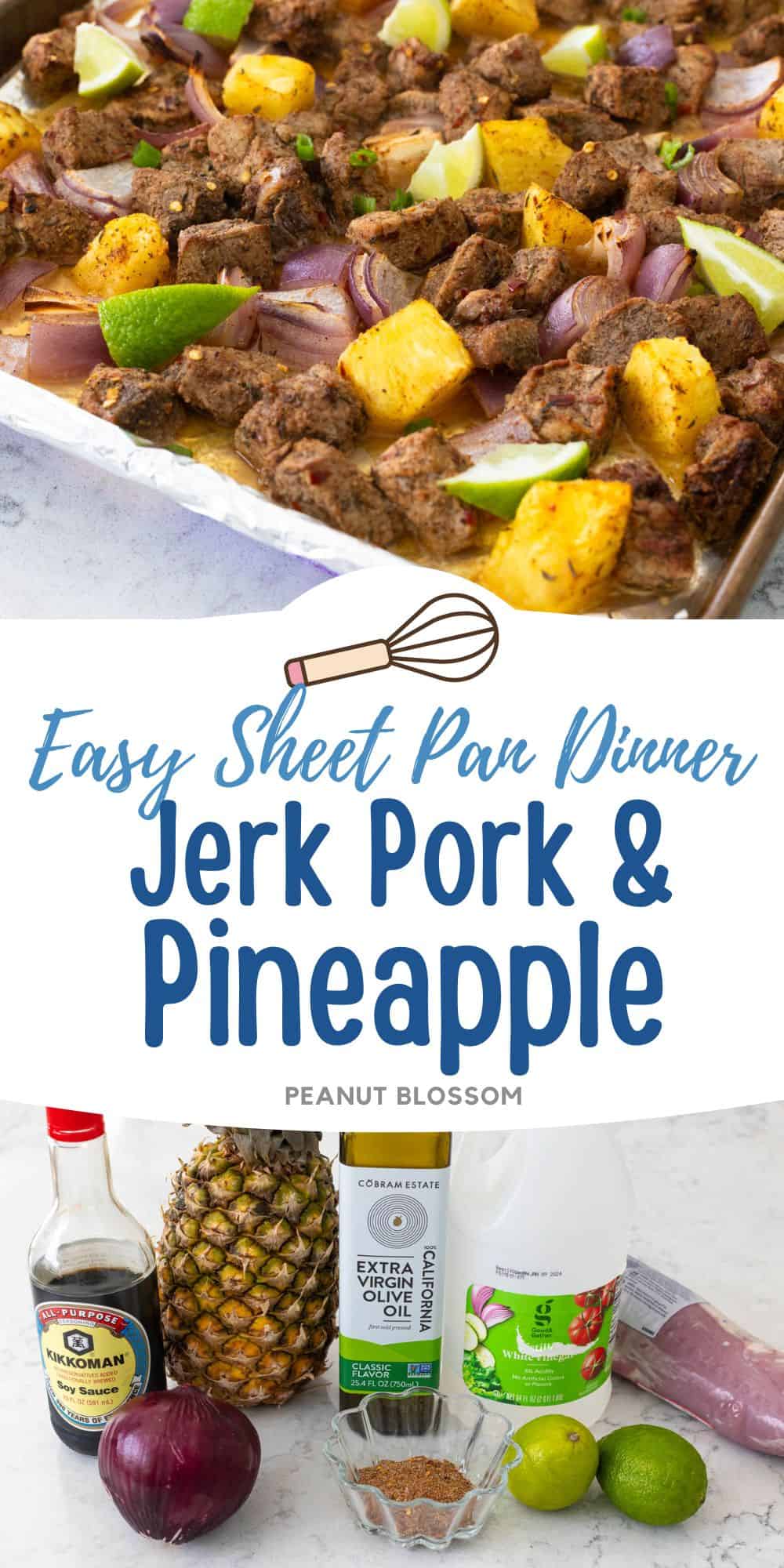 The roasted pork on a sheet pan next to a photo of the ingredients needed to make it.