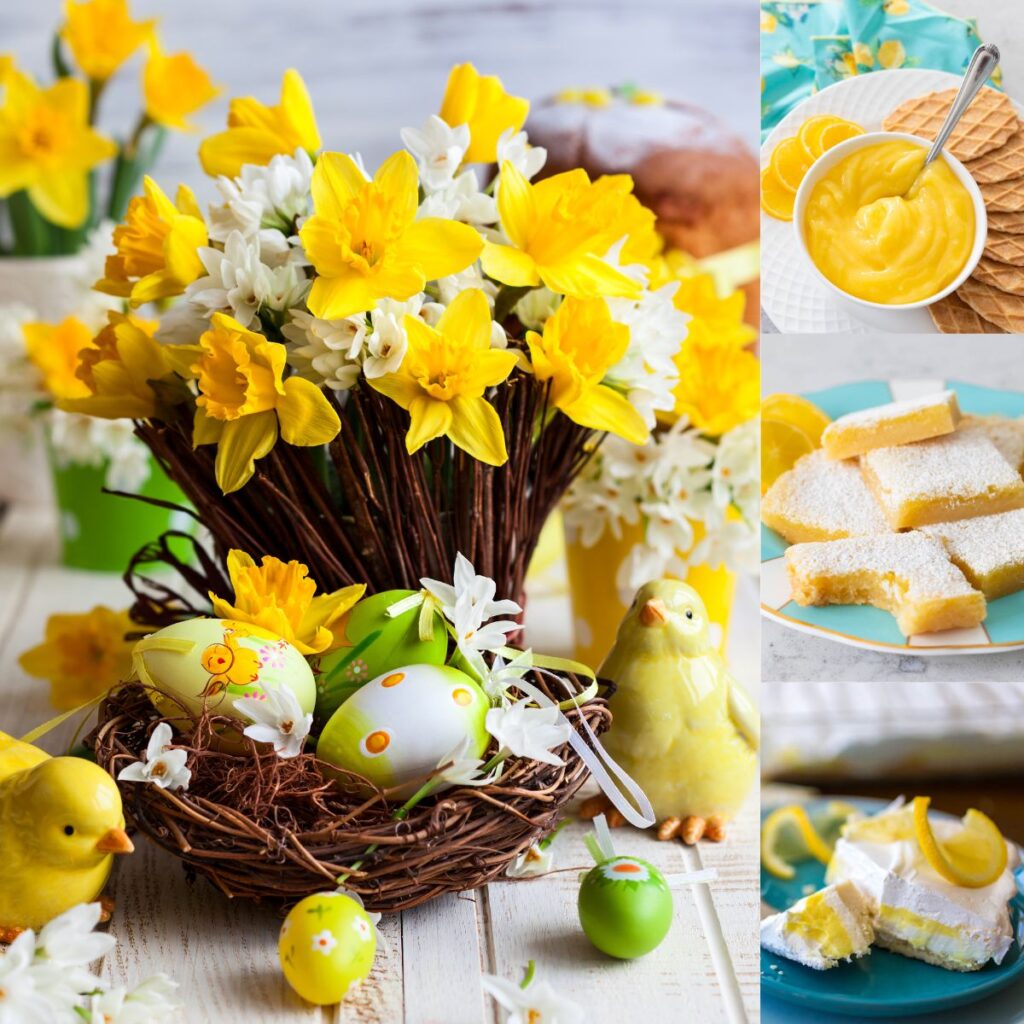 The photo collage shows a big bunch of daffodils next to 3 lemon desserts.