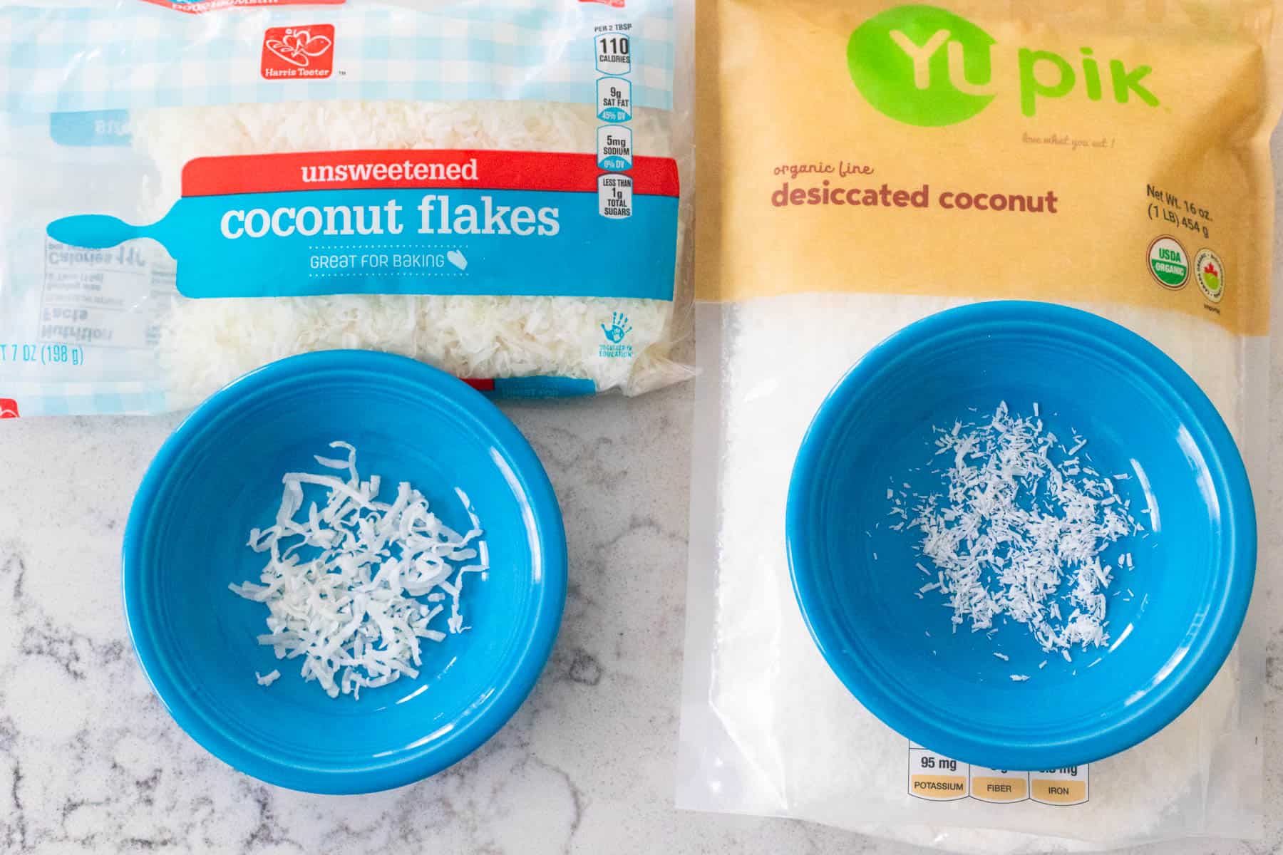 A side by side comparison of Unsweetened Coconut vs. Desiccated Coconut.