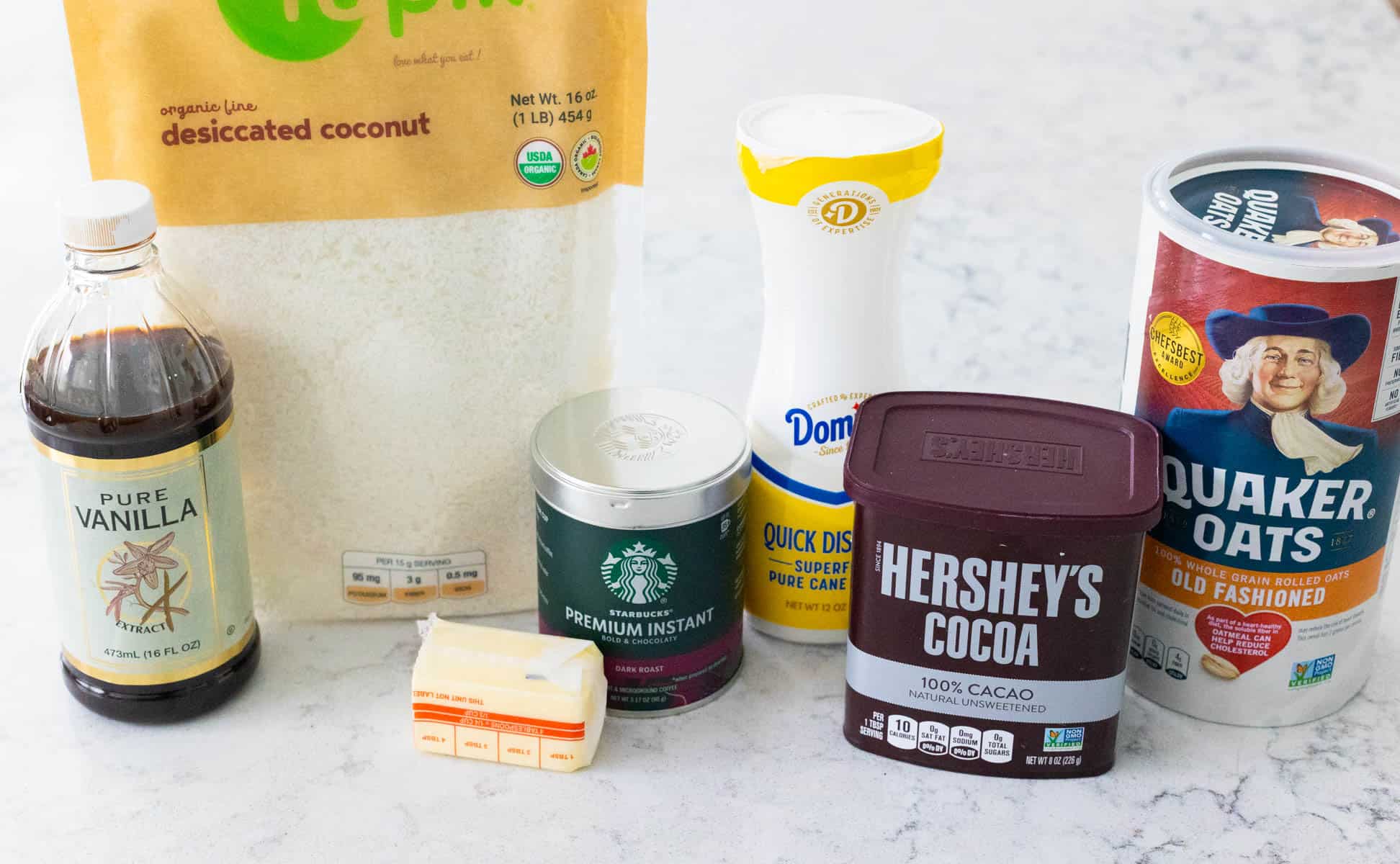 The ingredients to make Swedish chocolate balls are on the counter.