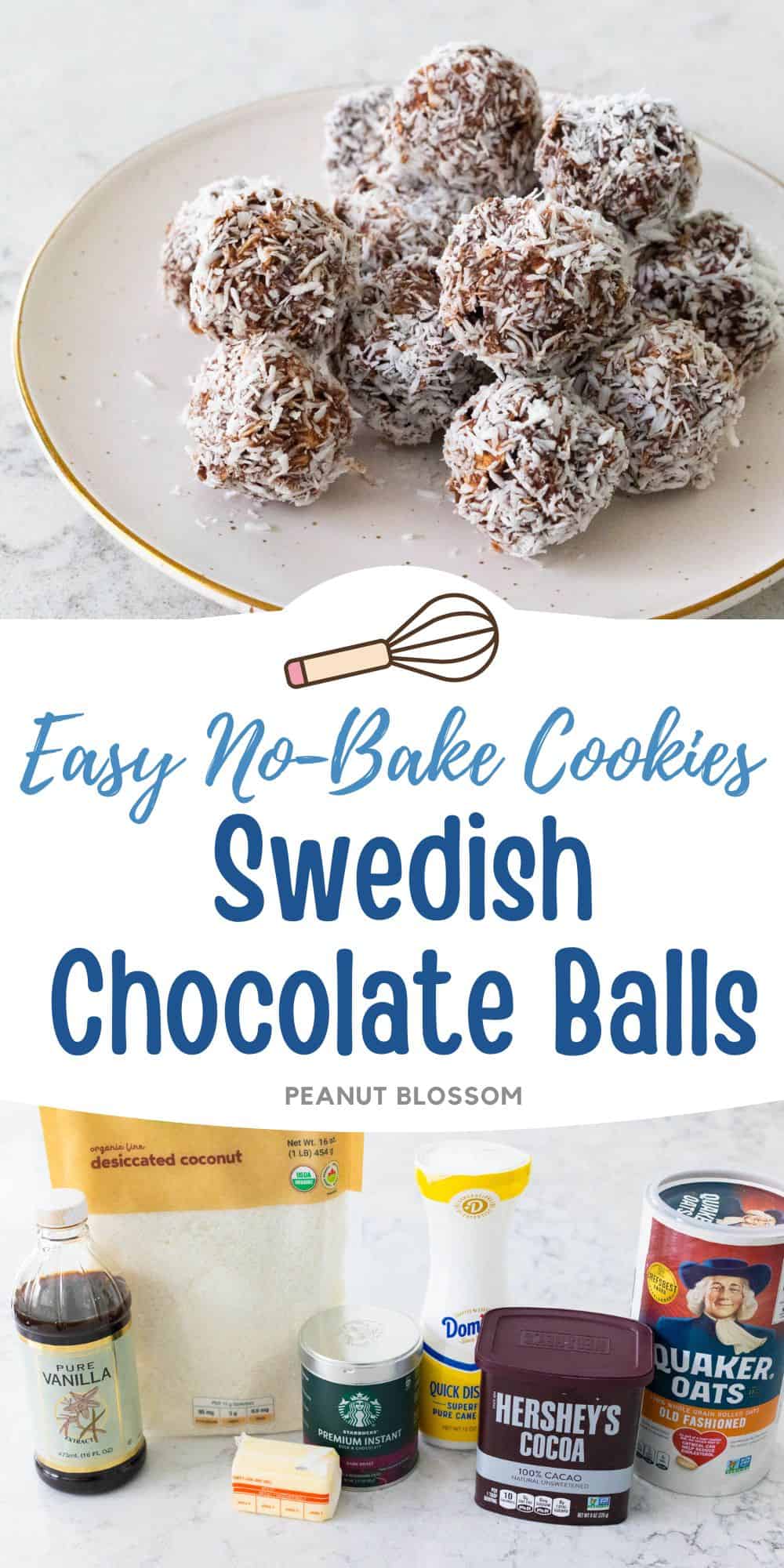 A small plate has a pile of coconut-rolled Swedish chocolate balls.