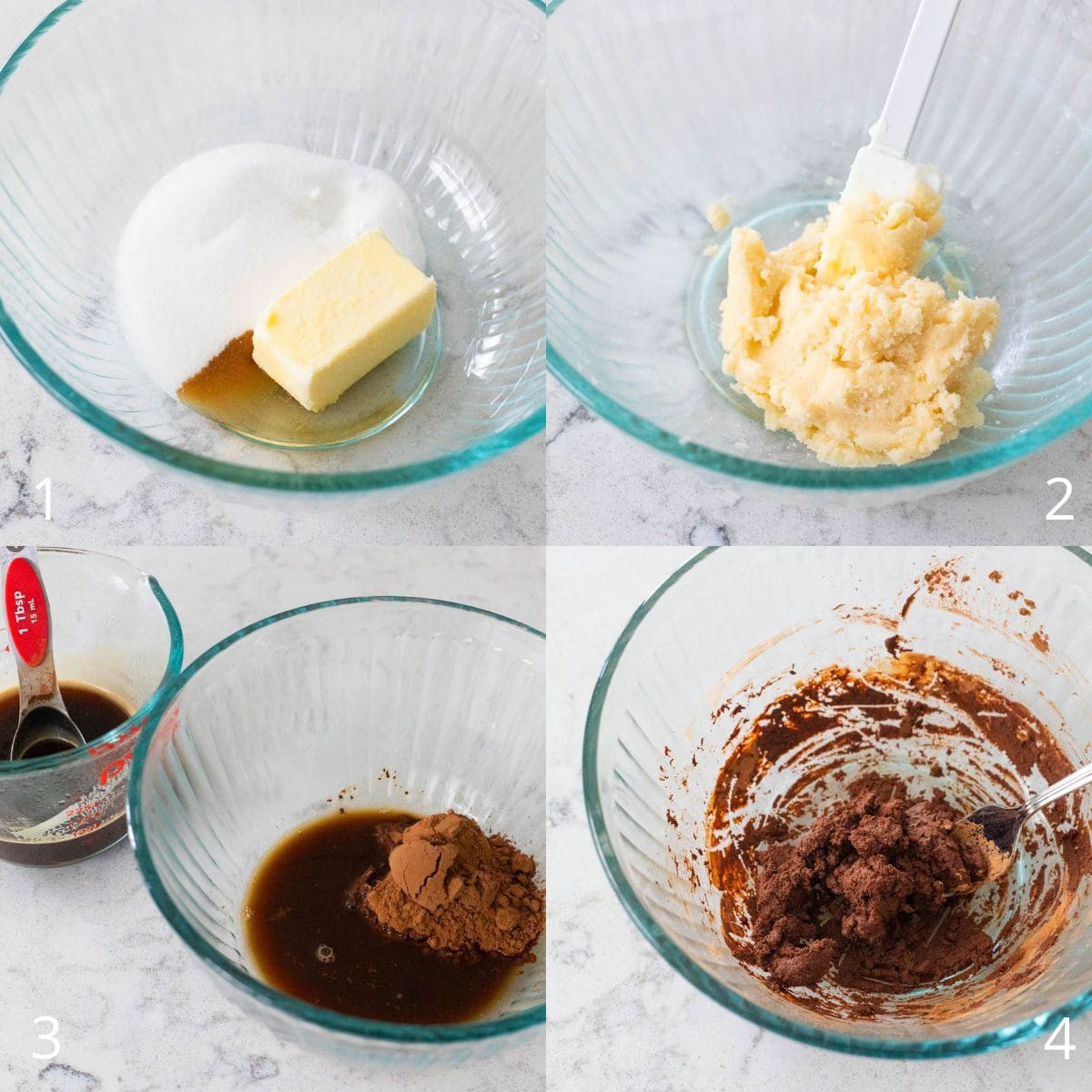 Step by step photo collage shows how to mix the butter and sugar and make the chocolate paste.