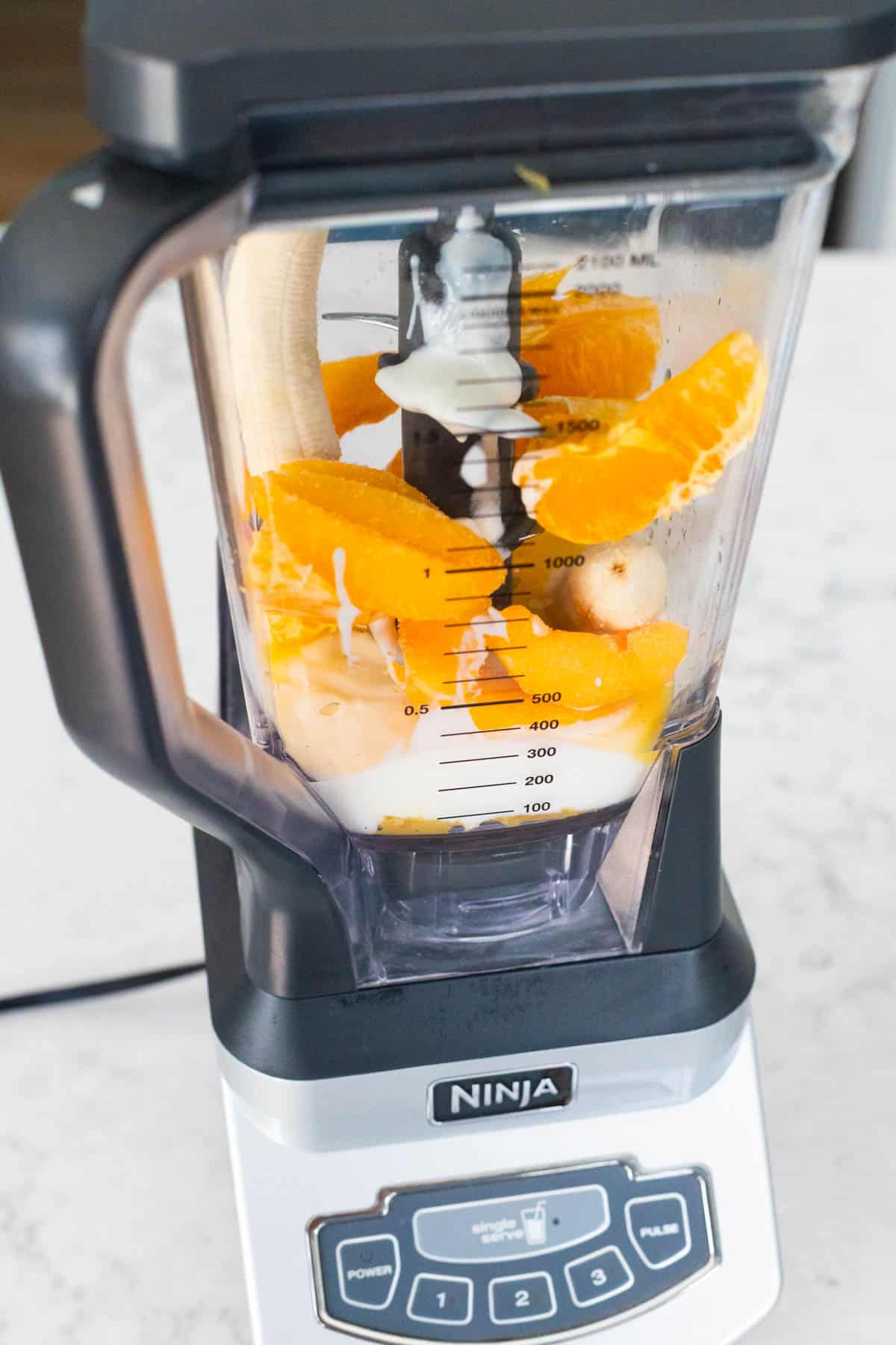 The oranges and peaches are in the blender.