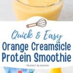 The orange cream smoothie in a cup next to a photo of the ingredients needed to make it.