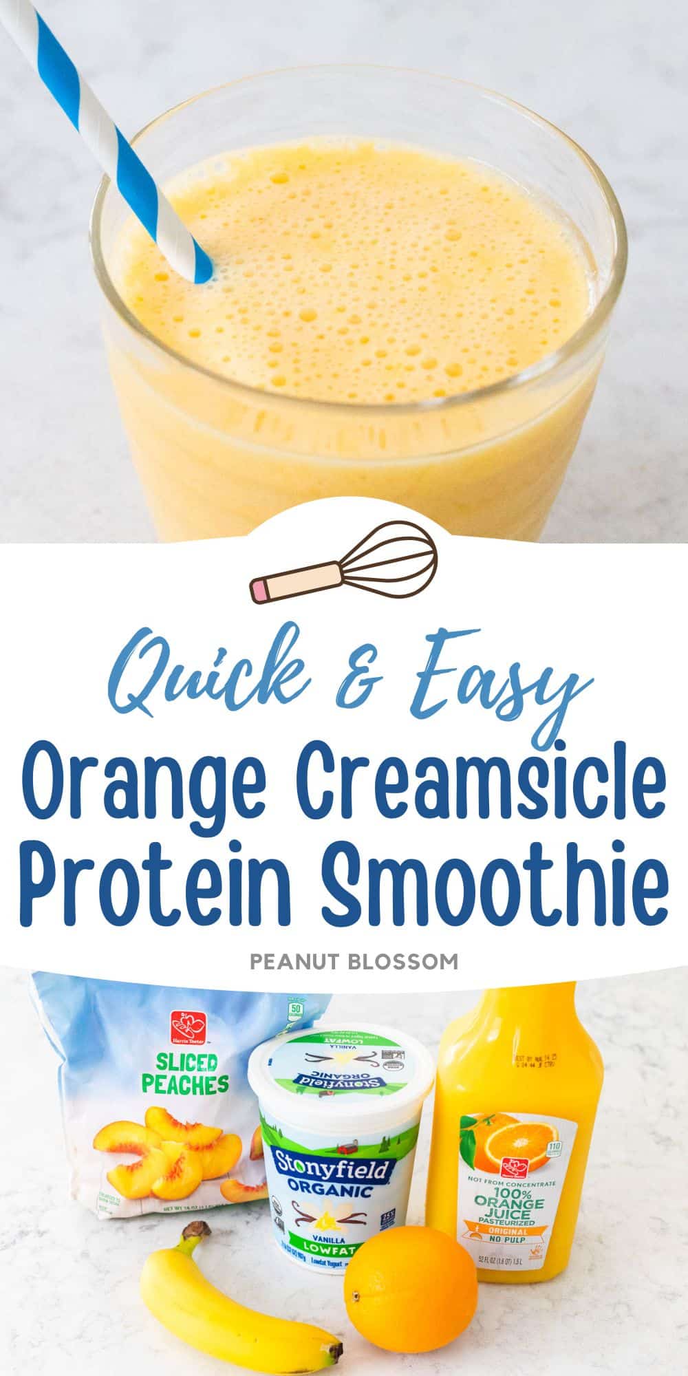 The orange cream smoothie in a cup next to a photo of the ingredients needed to make it.