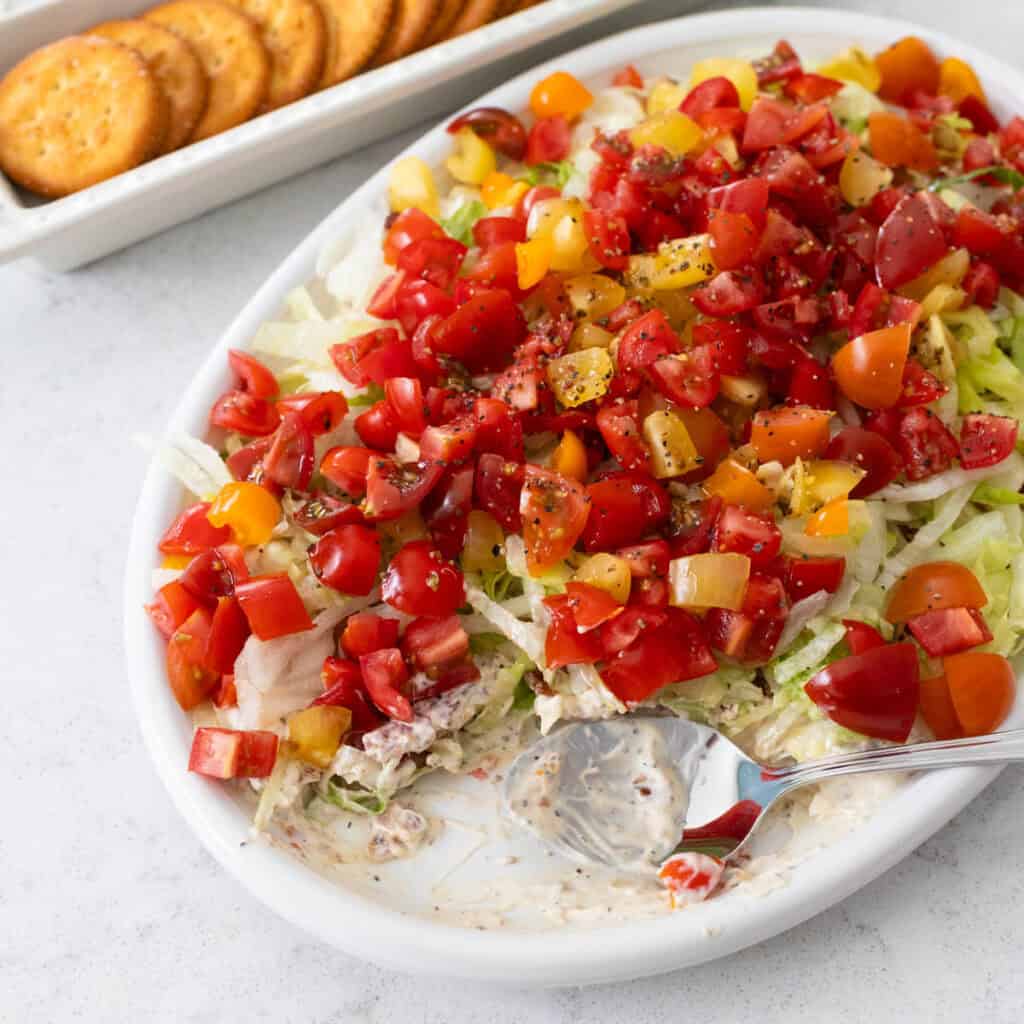 The BLT dip is on a white platter with fresh tomatoes on top and crackers on the side.