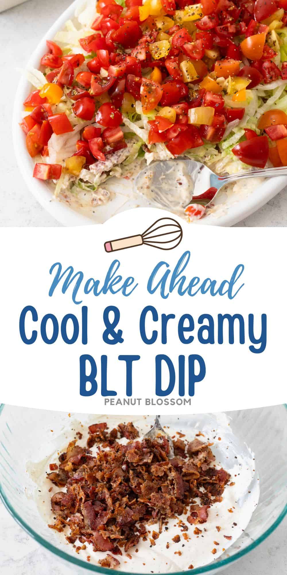 The photo collage shows the BLT dip being served on a platter next to a photo of the crumbled bacon in a mixing bowl with the dressing base.
