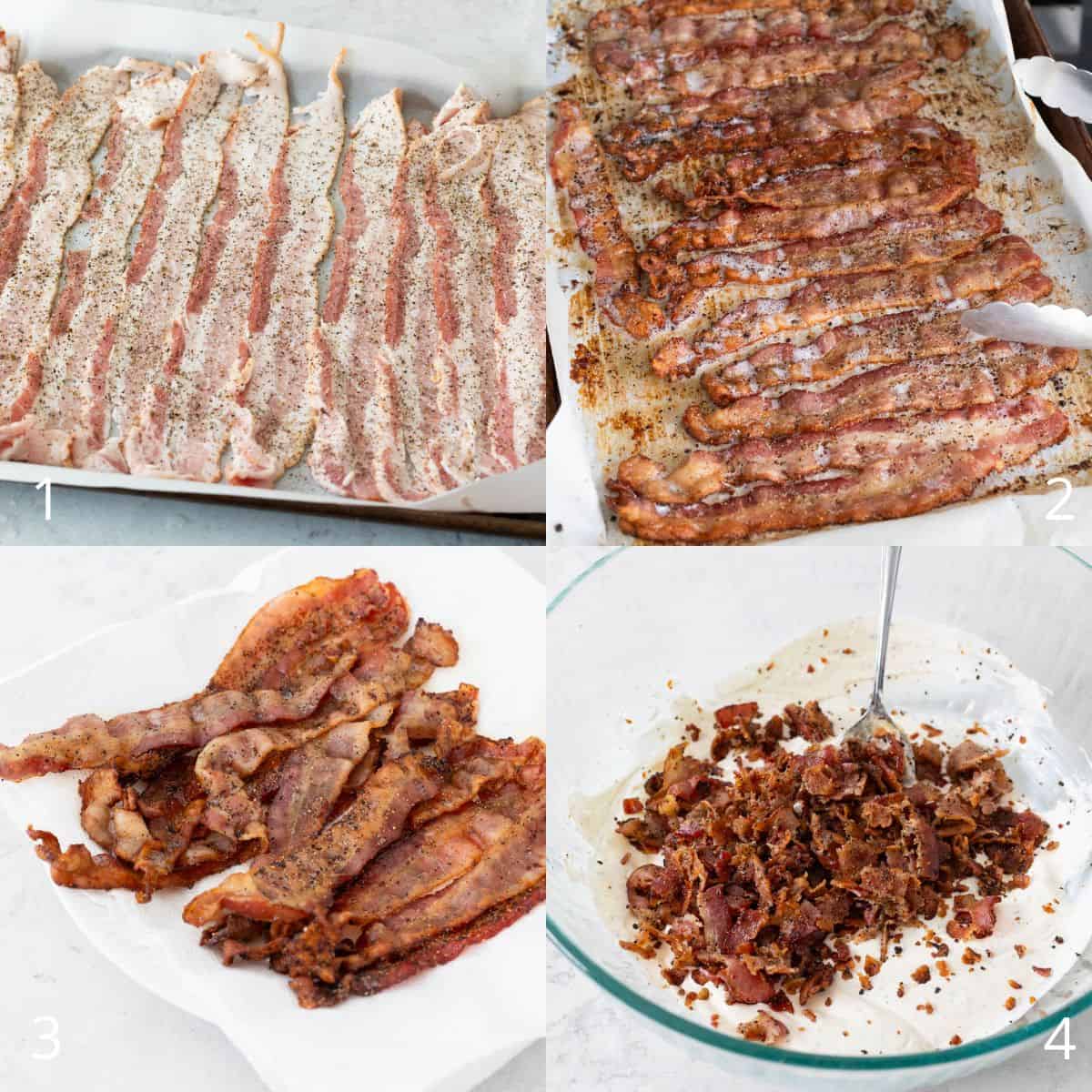The step by step photo collage shows the bacon being baked for the dip recipe.